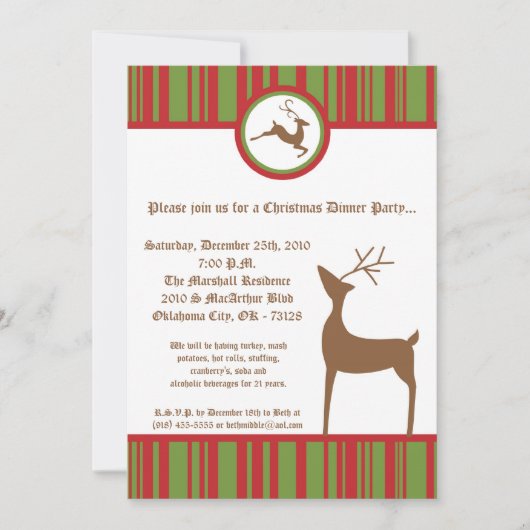 5x7赤グリーントナカイのクリスマスパーティの招待状 招待状 (正面)