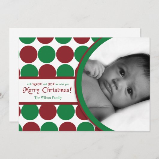 5x7赤グリーン水玉模様Poka PHOTOクリスマスカード シーズンカード (正面/裏面)