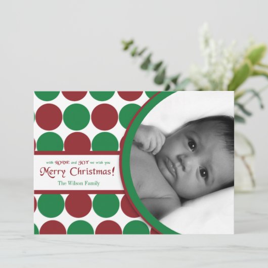 5x7赤グリーン水玉模様Poka PHOTOクリスマスカード シーズンカード (スタンド正面)