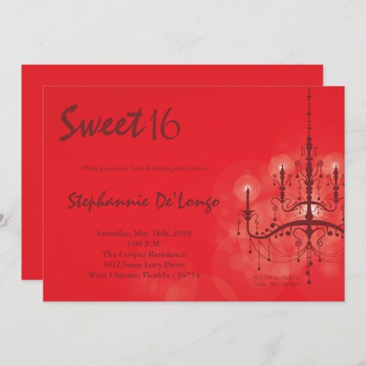 5x7赤シャンデリアスウィート16誕生日招待状 招待状 (正面/裏面)