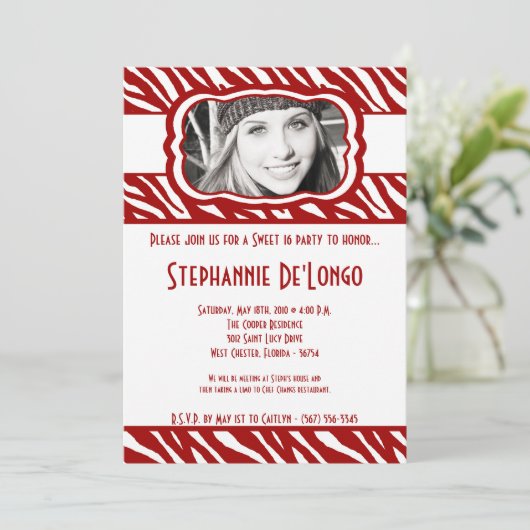 5x7赤ゼブラPHOTO甘い16誕生日招待状 招待状 (スタンド正面)