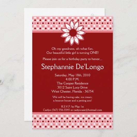 5x7赤水玉模様花誕生日パーティーへの招待 招待状 (正面/裏面)