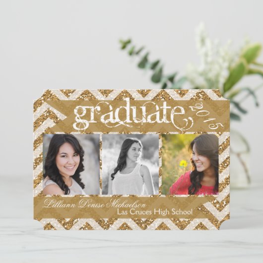 5x7金ゴールドのグリッターのシェブロンのストリップの先輩の発表 案内状 (スタンド正面)