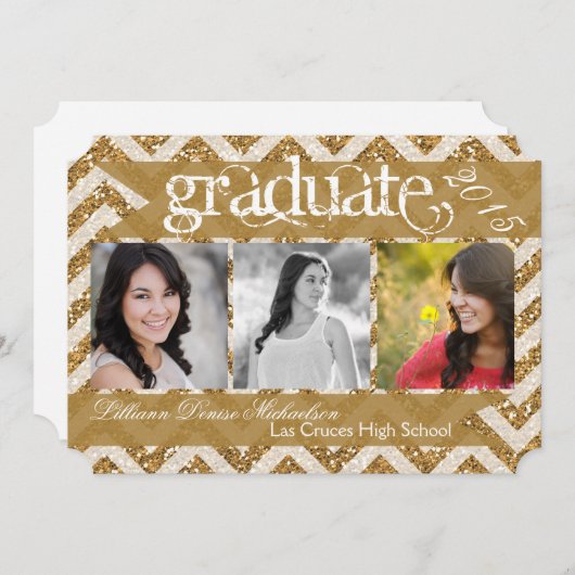 5x7金ゴールドのグリッターのシェブロンのストリップの先輩の発表 案内状 (正面/裏面)