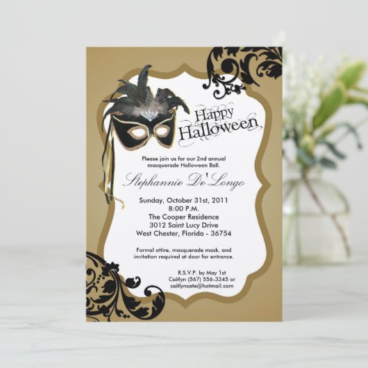 5x7金ゴールドマスカレードマスクハロウィーン招待状 招待状 (スタンド正面)