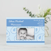 5x7青いペイズリーパターン写真の誕生のお知らせ 案内状 (スタンド正面)