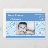 5x7青いペイズリーパターン写真の誕生のお知らせ 案内状 (正面/裏面)