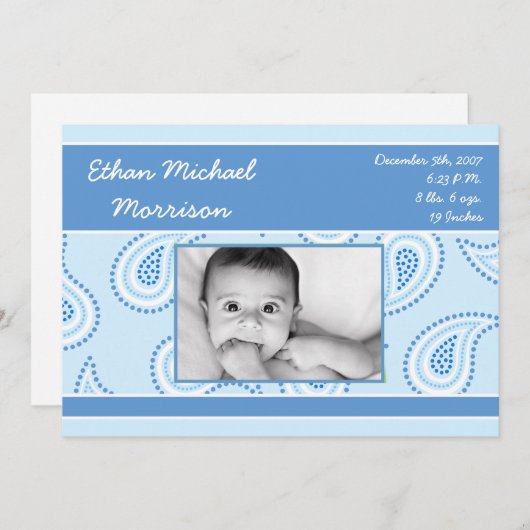 5x7青いペイズリーパターン写真の誕生のお知らせ 案内状 (正面/裏面)