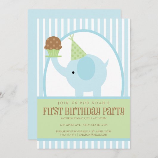 5x7青い象の誕生日の招待状 招待状 (正面/裏面)