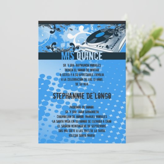 5x7青いDJのターンテーブルのキンセアニェラの招待状 招待状 (スタンド正面)