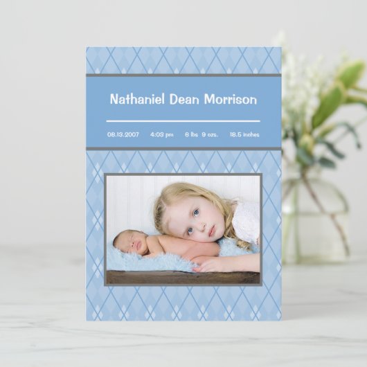 5x7青パターアーガイルン写真の誕生のお知らせ 案内状 (スタンド正面)