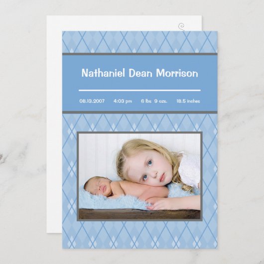 5x7青パターアーガイルン写真の誕生のお知らせ 案内状 (正面/裏面)