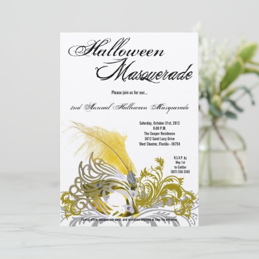 5x7黄色の仮面舞踏会のハロウィンの衣裳の招待状 招待状 (スタンド正面)
