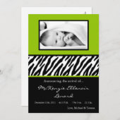 5x7黒いLimeGreenのシマウマの写真の誕生の発表 案内状 (正面/裏面)