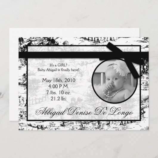 5x7黒いToileの生地の写真の誕生の発表 案内状 (正面/裏面)