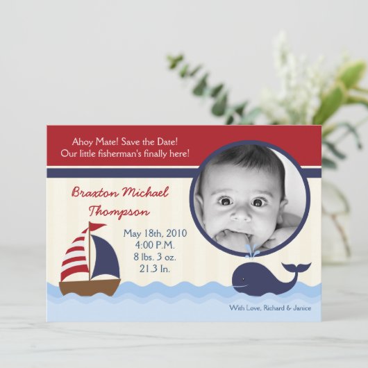 5x7 ご出産のお知らせ 海の幸 くじら フォト 案内状 (スタンド正面)