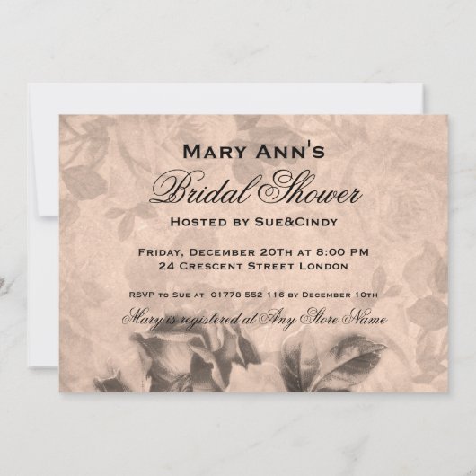 5x7 "ブライダルシャワーの"ヴィンテージのバラのセピア色 招待状 (裏面)
