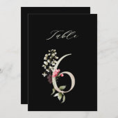 5x7 ボタニカル フラワーのテーブルナンバー6, ブラック 招待状 (正面/裏面)