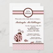 5x7 双子 ピンクのハート型 女の子 赤ちゃん歓迎会 招待状 (正面/裏面)