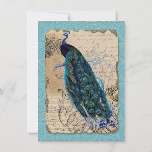 5x7 古代のピーコック ヴィンテージ ウェディング 招待状 (正面)