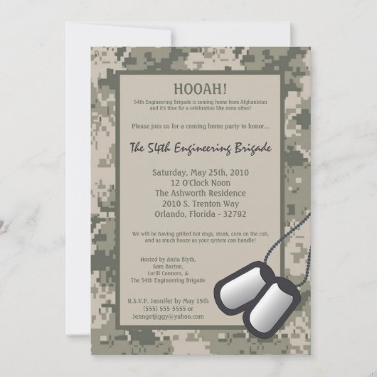 5x7 帰宅パーティー招待状 ARMY カモフラージュ ACU プリント 招待状 (正面)