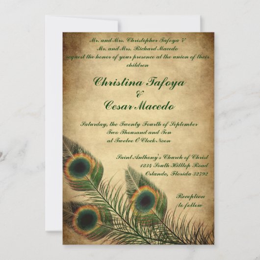 5x7 結婚式招待状 ヴィンテージ ペコンの羽根 招待状 (正面)