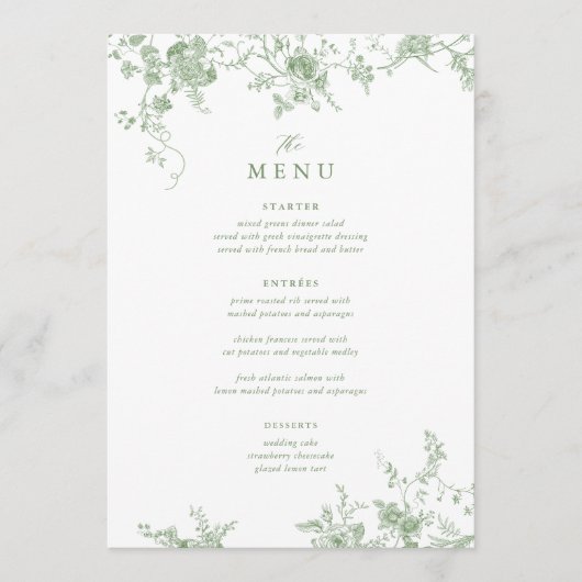 5x7"緑のビクトリアンフローラのテー結婚ブルメニュー メニュー (正面)