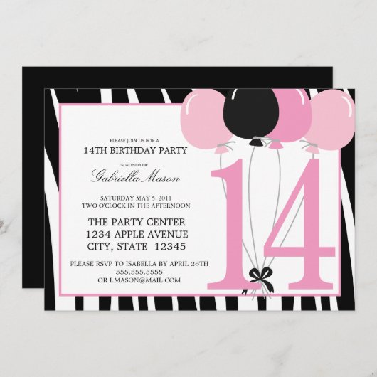 5x7 14歳の誕生日パーティ招待状 招待状 (正面/裏面)