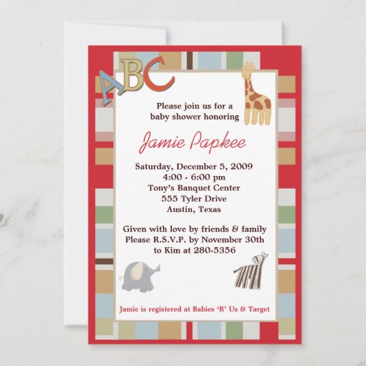 5x7 ABCアルファベットスープベビーストライプのシャワー 招待状 (正面)