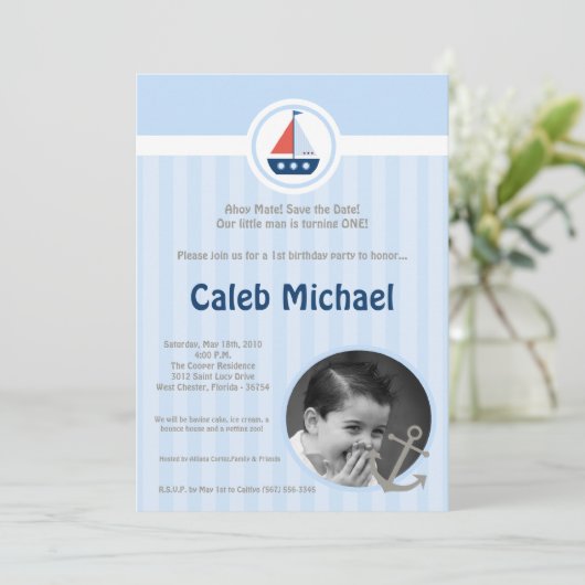 5x7 Ahoy航海のな帆ボートの誕生日の招待状 セーブザデート (スタンド正面)