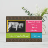 5x7 BabyGirl Brown Damask写真の誕生のお知らせ 案内状 (スタンド正面)