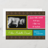 5x7 BabyGirl Brown Damask写真の誕生のお知らせ 案内状 (正面/裏面)