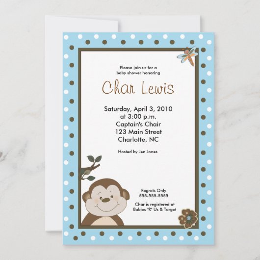 5x7 Blue Bambinoモンキーベビーシャワー招待状 招待状 (正面)