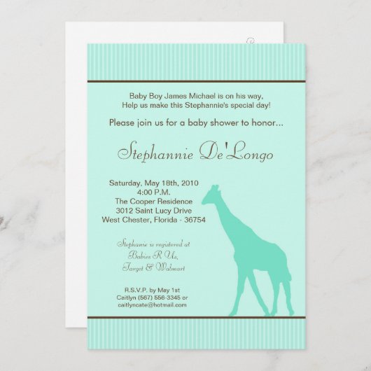 5x7 Blue Giraffeベビーストライプのシャワー招待状 招待状 (正面/裏面)