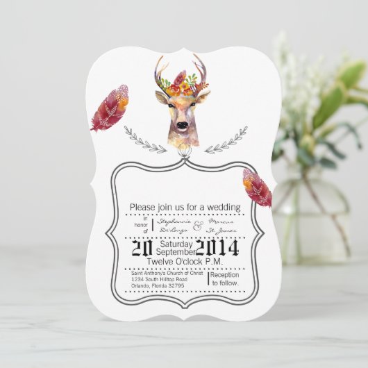 5x7 boho deerバックヘッドブラウニングウェディング招待状 招待状 (スタンド正面)