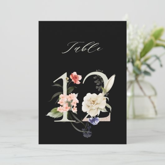 5x7 Botanical Floral Number 12, Black Table Number 招待状 (スタンド正面)