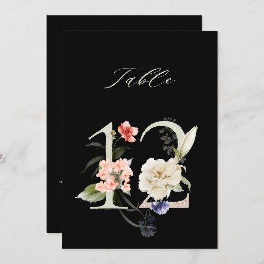 5x7 Botanical Floral Number 12, Black Table Number 招待状 (正面/裏面)