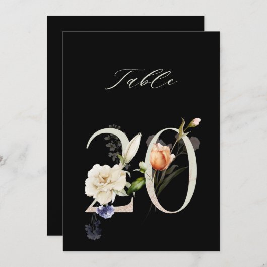 5x7 Botanical Floral Number 20, Black Table Number 招待状 (正面/裏面)