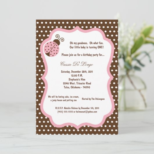 5x7 Brown Lady Bug Bursday Party招待状 招待状 (スタンド正面)