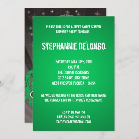 5x7 Green DJ Spinターンテーブル16誕生日招待状 招待状 (正面/裏面)