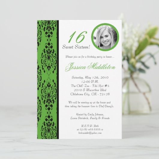 5x7 Lime Green Damask 16 Birthday Party Invitation 招待状 (スタンド正面)