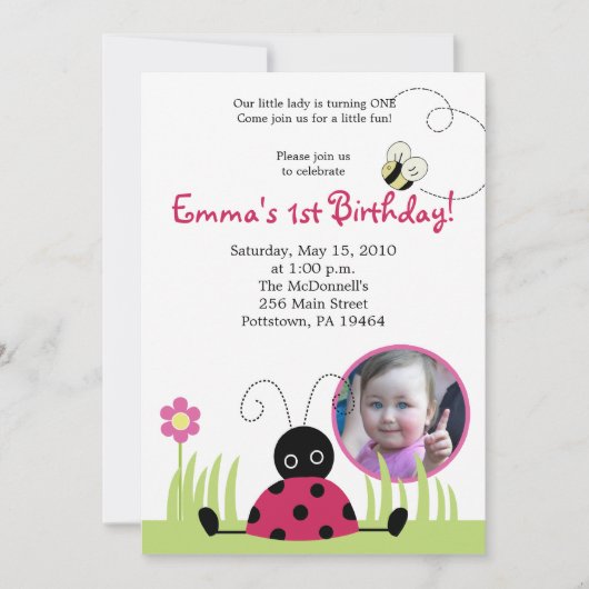 5x7 Little Ladybug *写真*春誕生日 招待状 (正面)