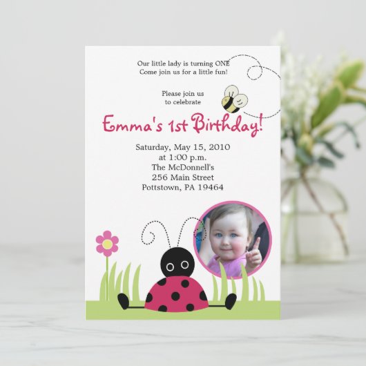 5x7 Little Ladybug *写真*春誕生日 招待状 (スタンド正面)