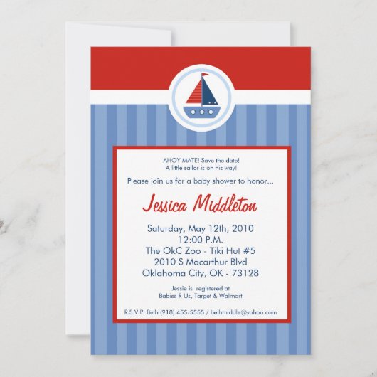 5x7  nautical sailor sail boat baby shower invitat 招待状 (正面)