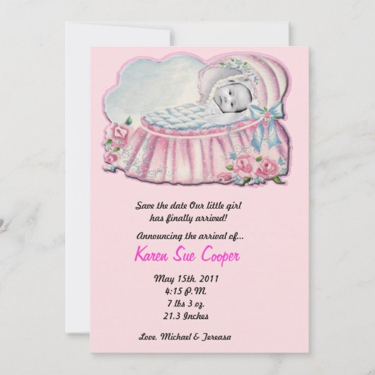 5x7 PHOTO Pink & Blue Basanet誕生発表 招待状 (正面)