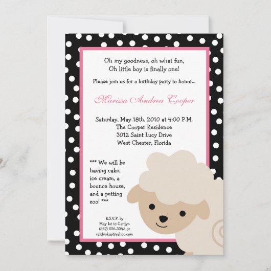 5x7 Pink Girl Farm Sheep Birthday Party Invitation 招待状 (正面)