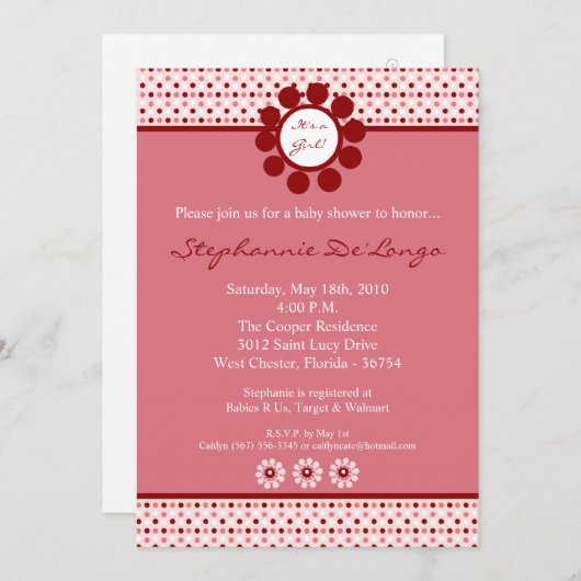 5x7 Pink Sweetheat水玉模様ベビーシャワー招待状 招待状 (正面/裏面)