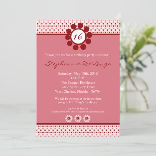 5x7 Pink Sweetheat水玉模様16誕生日招待状 招待状 (スタンド正面)