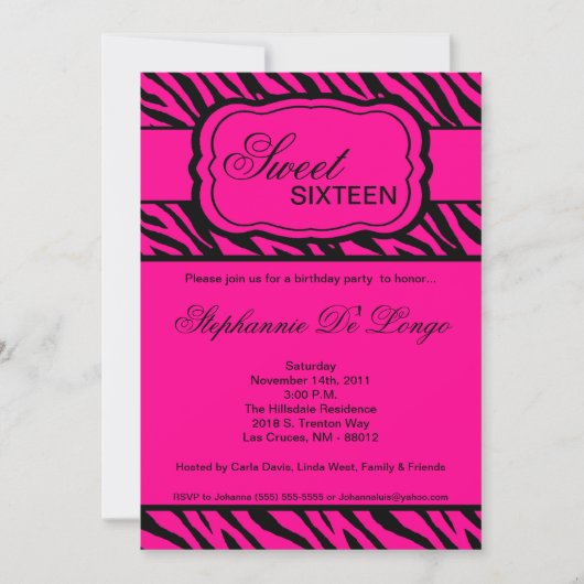 5x7 Pink Zebra Print誕生日パーティへの招待 招待状 (正面)