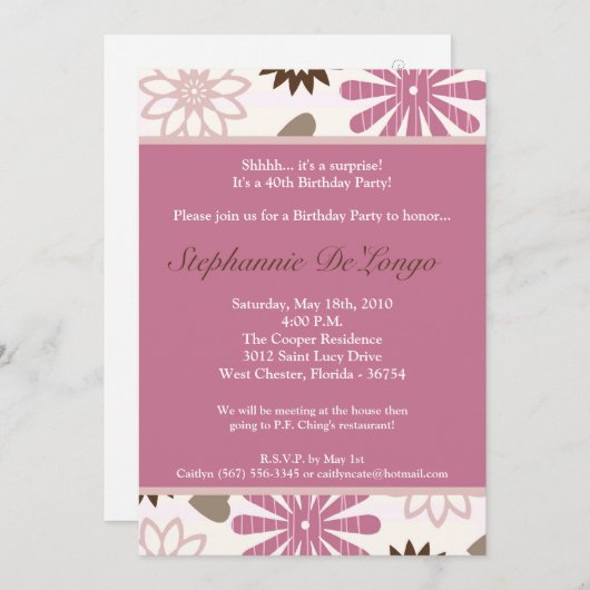 5x7 PinkPurpleレトロ花誕生日招待状 招待状 (正面/裏面)